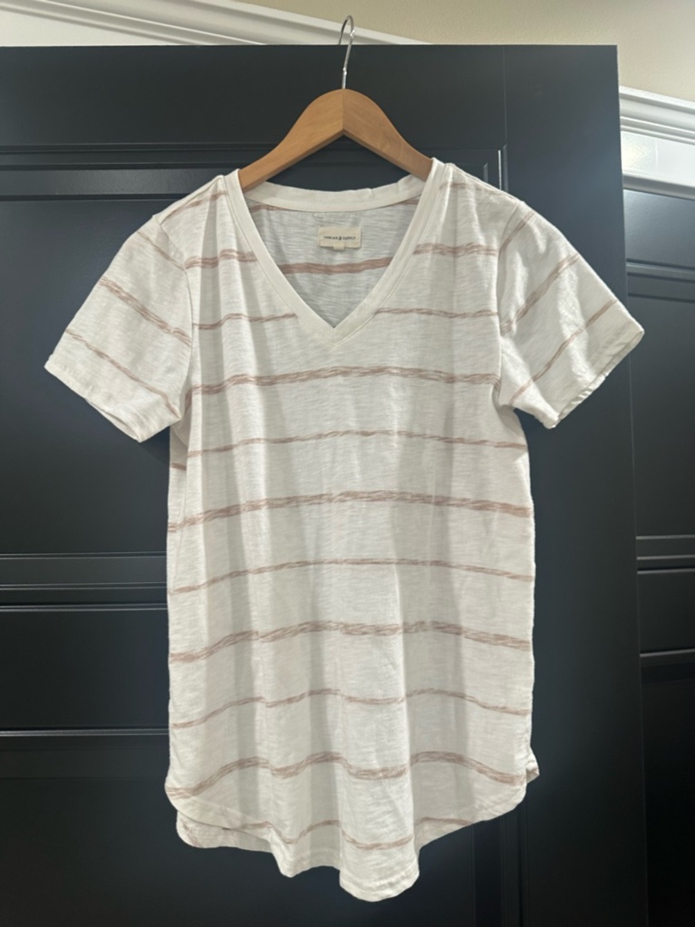 Thread & Supply Cream Tee with Faded Brown Stripe